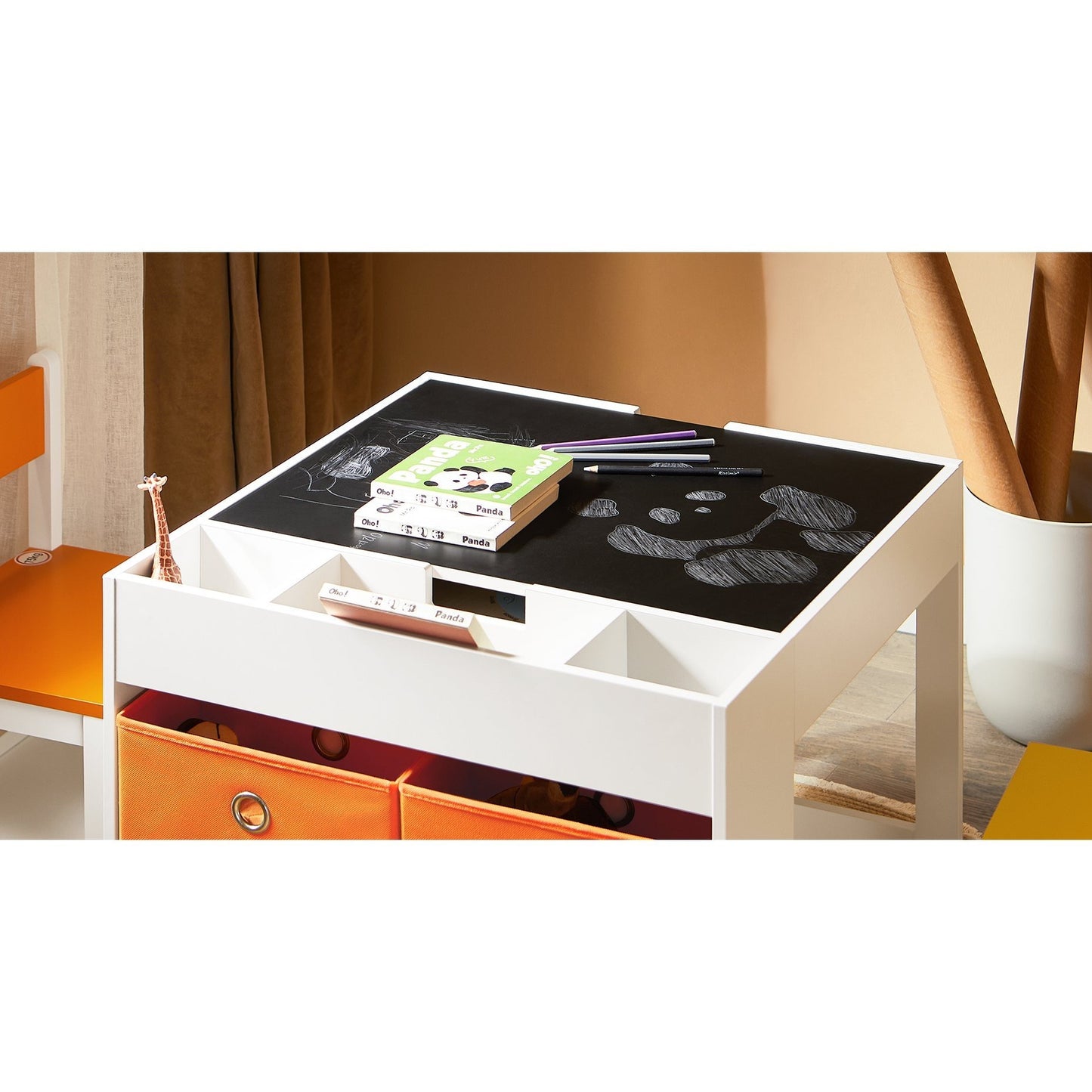 Speelgoedtafel – Activiteitentafel – Kindertafel – Kindermeubel – Tafel Met Stoelen – Dubbelzijdig Tafelblad – 4 Opbergmanden – MDF & Hout – Geschikt Voor Kinderen Vanaf 14 Jaar