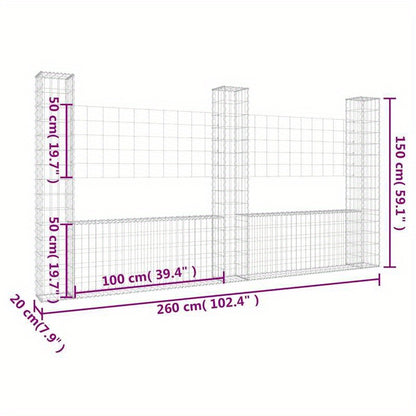 Tuinafscheiding – Tuinscherm – Buitenomheining – Privacy Scherm – Gabion Hek – U-vormig Met 3 IJzeren Palen – Stevig Metalen Materiaal – 260x20x150 cm