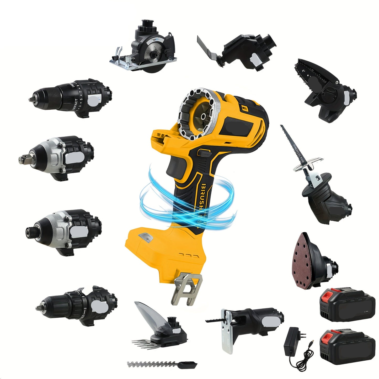 Multitool – Accu Multitool – Elektrisch Gereedschap – Roterend Gereedschap – Oscillerend Tool – 12-in-1 Draadloos – 18V Borstelloze Motor – LED Werklamp – Geel