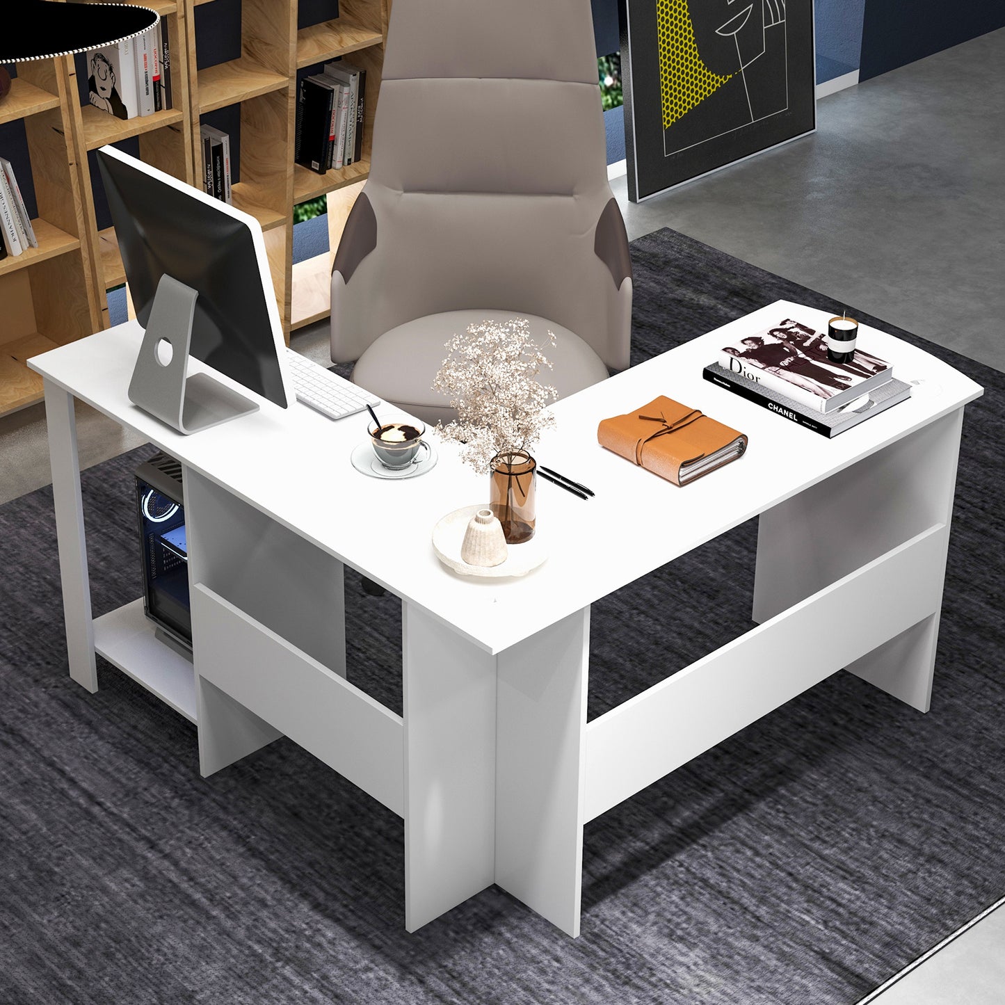 Bureau – Bureautafel – Computerbureau – Werkplek – Bureaublad – L-Vormig – Extra Breed – Kabelmanagement – Stevig Houtcomposiet – 130x130 cm – Wit