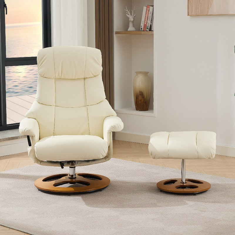 360° Swivel Recliner Chair with Massage & Heat - Heavy-Duty Metal Frame, PU Fabric White Modern Reclining Lounge Chair with Ottoman Footrest, Manual Operation, No Assembly Required, Easy-Clean Surface for Living Room, Home T
