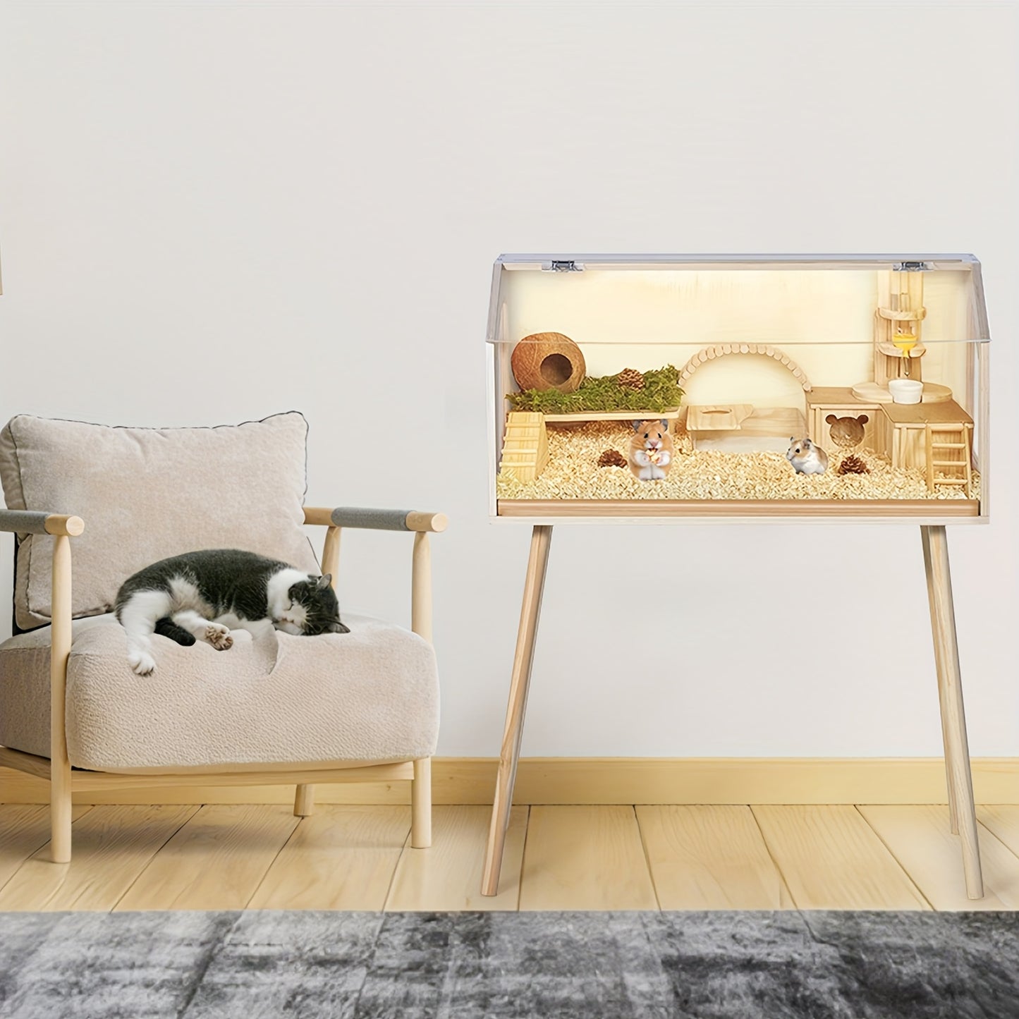 Hamsterkooi – Kleine Dierenkooi – Knaagdierkooi – Caviakooi – Chinchillakooi – Extra Groot 81x40x101 cm – Houten Constructie – Transparant Acrylvenster