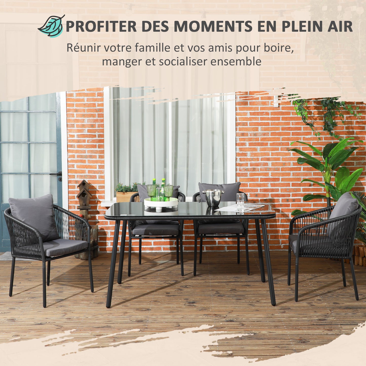 Tuinset 4 Personen – Tuinmeubel Set – Buitentafel Met Stoelen – Balkonset – PE Rattan Meubel – Weerbestendig Aluminium Frame – 140x80x74 cm Tempered Glasblad
