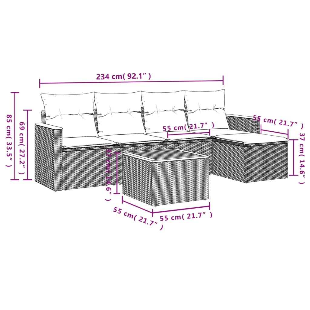 Loungeset – Tuinmeubelen – Loungesofa – Buitenmeubilair – Bistroset – 6-Delige Set – Poly Rattan Zwart – Afneembare Wasbare Kussens – Ingebouwde Opbergruimte