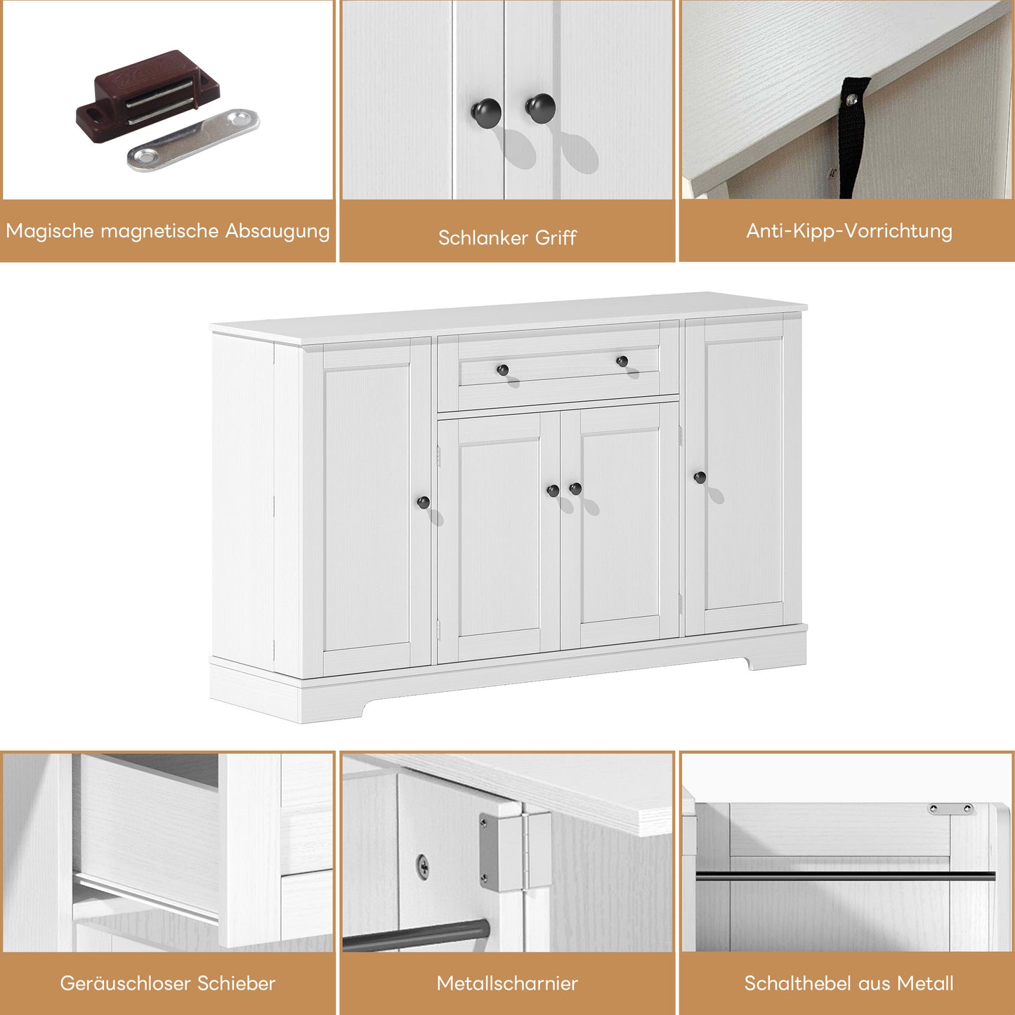 Buffetkast – Opbergkast – Dressoir – Keukenkast – Kast Met Lade – 138 Cm Breed – Kantelbeveiliging – Verstelbare Planken – Wit