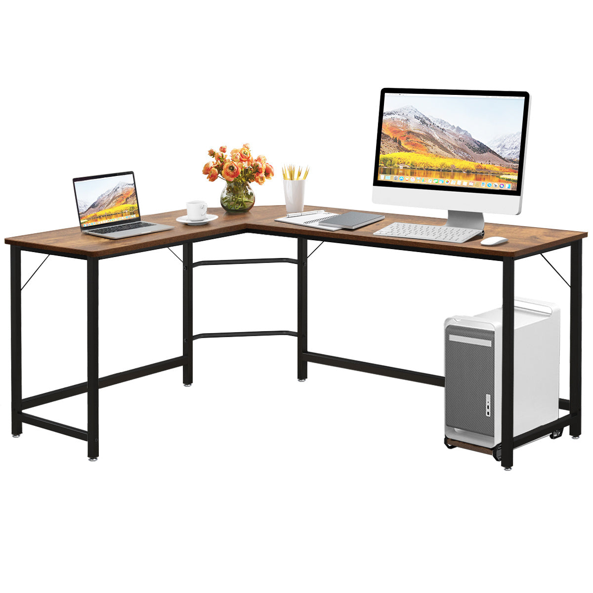 Hoekbureau – L-Vormig Bureau – Gaming Bureau – Computertafel – Werkplek Bureau – Ruim Spaanplaat Blad – Stevig IJzeren Frame – Verstelbare Voetjes – Inclusief CPU-Stand