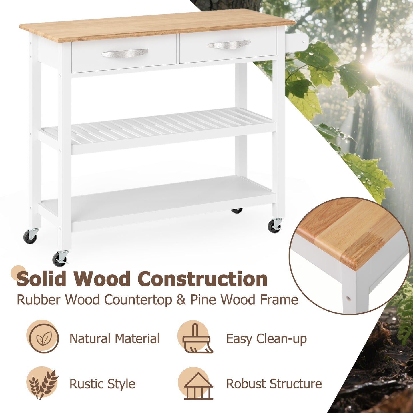 Keukenwagen – Keukenkar – Serviewagen – Werktafel – Trolley – Rollende Opbergruimte – Rubberwood Werkblad – 2 Lades en 2 Open Planken – Wieltjes met Remmen – Stevige Houten Constructie – Wit