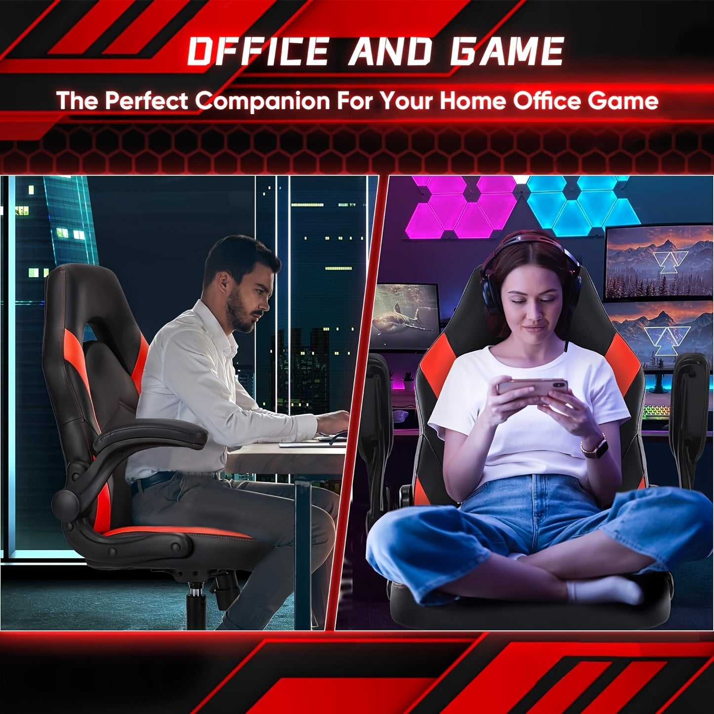 Gamingstoel – Game Chair – Bureaustoel – Racestoel – Werkstoel – Ergonomisch Design – In hoogte verstelbaar – 360° Draaibaar – Inklapbare Armleuningen – Memory Foam Zitting – Rood
