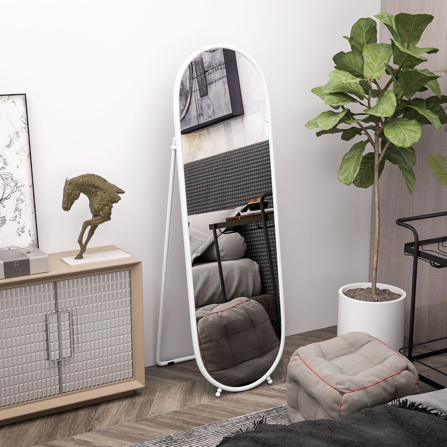 Volledige Lichaam Spiegel – Staande Spiegel – Ovale Spiegel – Vrijstaande Spiegel – Metaal Spiegel – 40x160 cm – Wit Metalen Frame – Ruim Spiegelvlak