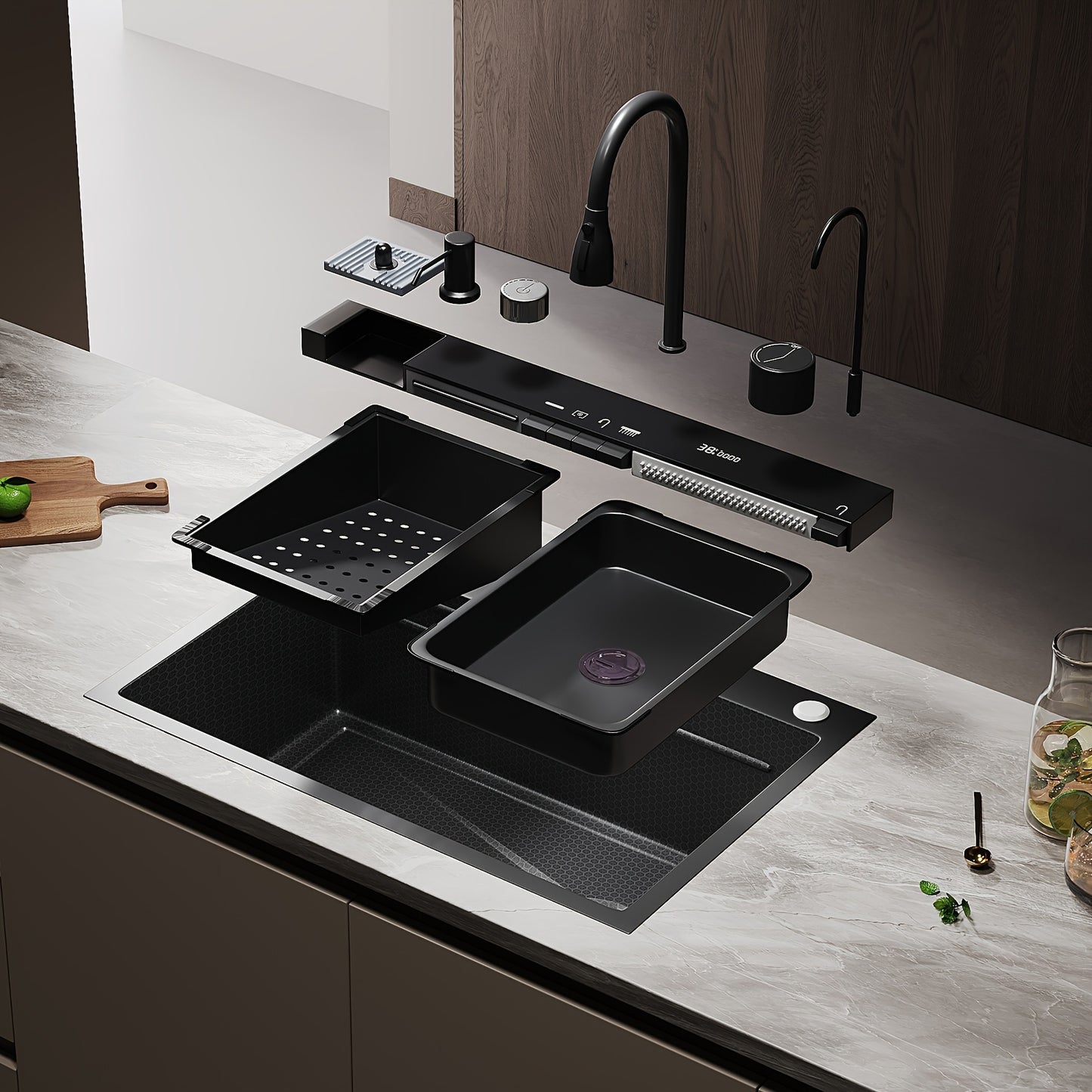 Keukenkraan – Spoelbak – Mengkraan – Wastafelkraan – Waterkraan – Extra Diepe Composiet Spoelbak – Dubbele Watervalkranen Met Piano Touch Bediening