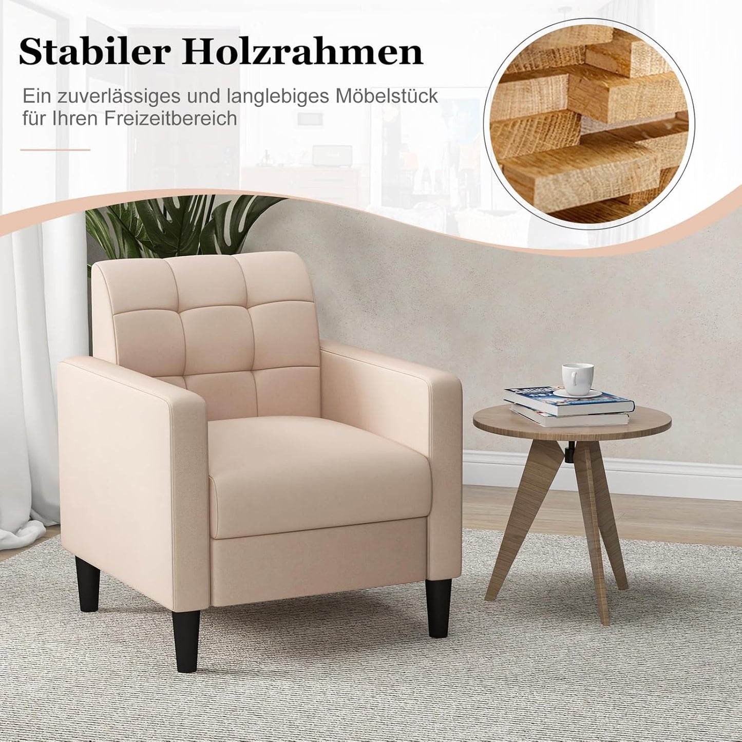 Velvet Fauteuil – Relaxstoel – Lounge Stoel – Armstoel – Leunstoel – Mid-Century Design – Zachte Velvet Bekleding – Stevige Houten Poten – Beige