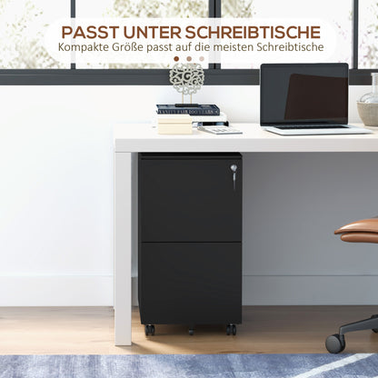 Ladekast Rollend – Kantoorcontainer – Archiefkast – Opbergkast – Met Wieltjes – Verstelbare Hangmappen – Met Slot – Stalen Zwart – Compact 37x43,5x67,5 cm – Mobiel En Veilig