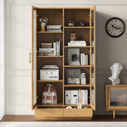 Vitrinekast Modern – Glazen Kast – Boekenkast – Opbergkast – Displaykast – Natuurlijk Houten Frame – Vrijstaand Met Push-to-Open Lades – 80x40x160 cm