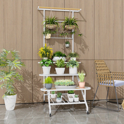 Plantenrek – Plantenstandaard – Plantentrap – Bloemenrek – Plantentafel – 3 Lagen Met Wieltjes – Metaal En Rubberhout – Voor Binnen En Buiten – Ruimtebesparend Ladderontwerp