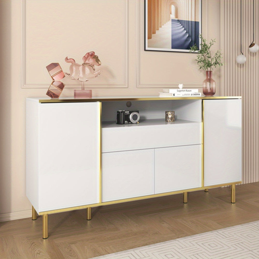 Dressoir – Sideboard – Kast – Opbergmeubel – Ladekast – Hoogglans Wit Met Gouden Accenten – 4 Deuren En 1 Lade – Ruime Opbergruimte – Compact Formaat 59x31x75 cm
