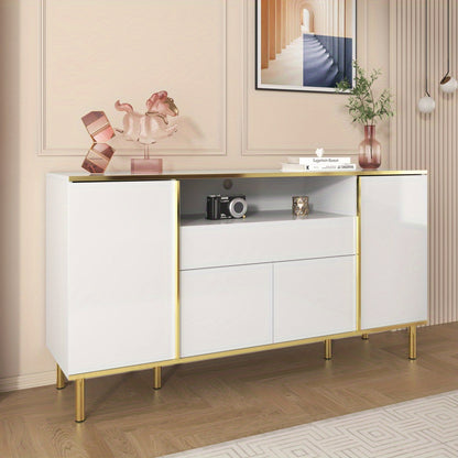Dressoir – Sideboard – Kast – Opbergmeubel – Ladekast – Hoogglans Wit Met Gouden Accenten – 4 Deuren En 1 Lade – Ruime Opbergruimte – Compact Formaat 59x31x75 cm