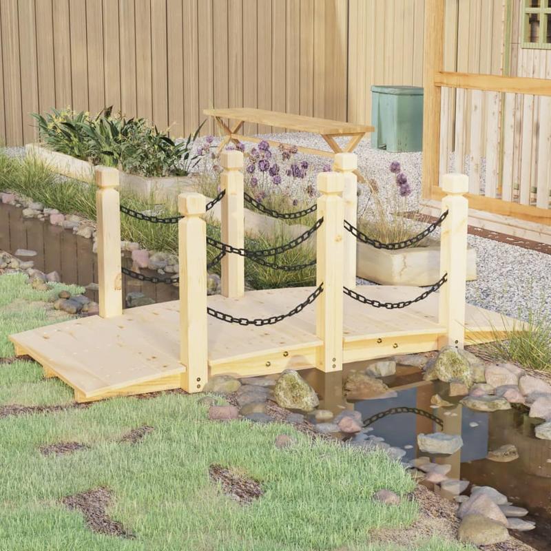Solid Fir Wood Garden Bridge with Chain Railing - 150x67x56cm Outdoor Patio Deck, Weather-Resistant Natural Wood Design for Garden, Patio, or Backyard - Durable & Easy-Clean Surface, Patio Furniture, Patio Decor, Elegant Wood
