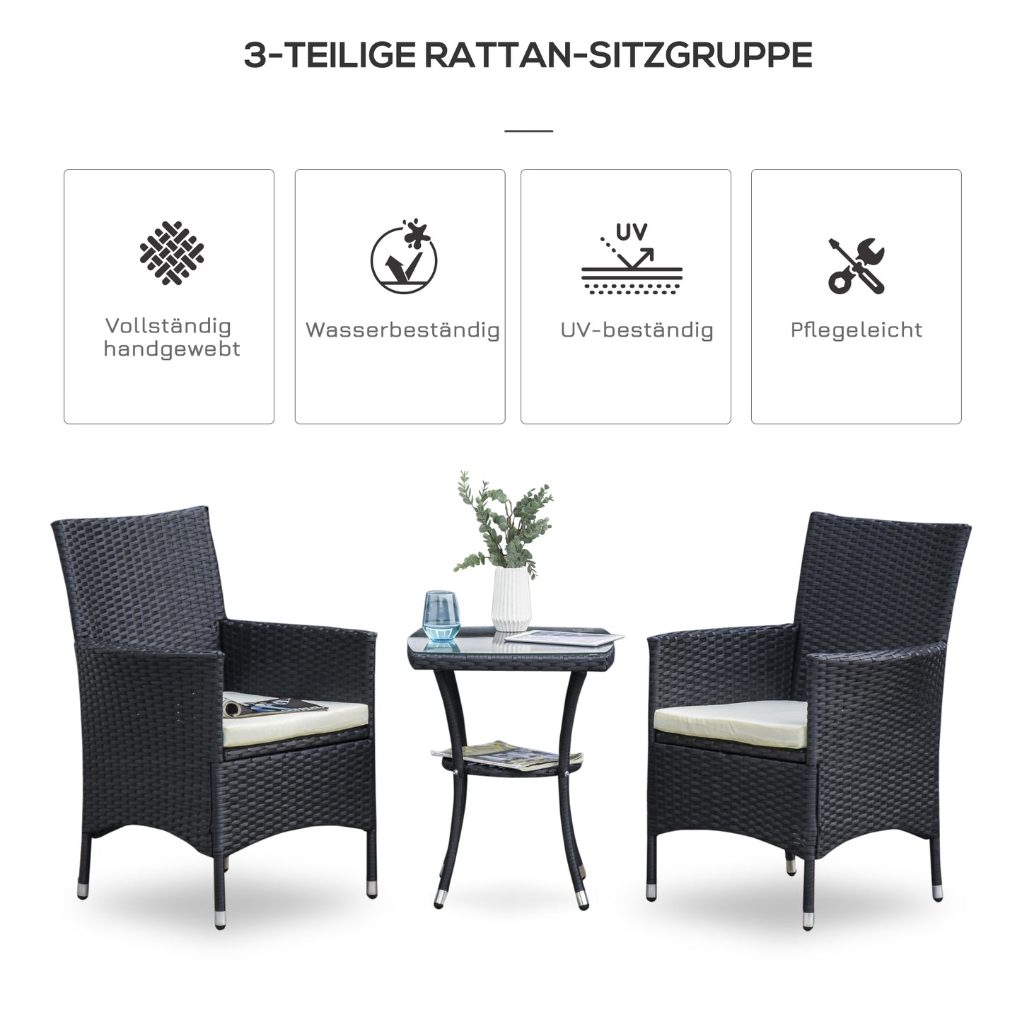 Rattan Tuinmeubelset – Bistroset – Balkonset – Tuinstoelen – Tuinmeubilair – Grijs – Poly Rattan & Stalen Frame – Glas Tafelblad met Kussens