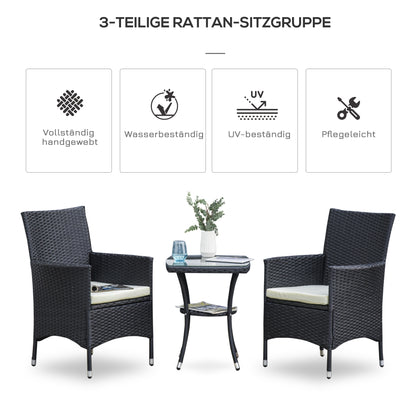 Rattan Tuinmeubelset – Bistroset – Balkonset – Tuinstoelen – Tuinmeubilair – Grijs – Poly Rattan & Stalen Frame – Glas Tafelblad met Kussens