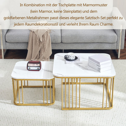 Salontafel – Bijzettafel – Woonkamertafel – Koffietafel – Nesting Tables – Hoogglans Marmerlook – Gouden Metalen Poten – Set van 2 – 70x70x45 cm & 50x50x36,5 cm