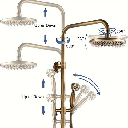 Doucheset Antiek Messing – Regendouche – Handdouche – Badkamerkraan – Douchearmatuur – Verstelbare Hoogte 70-120 cm – 8 Inch Regendouchekop