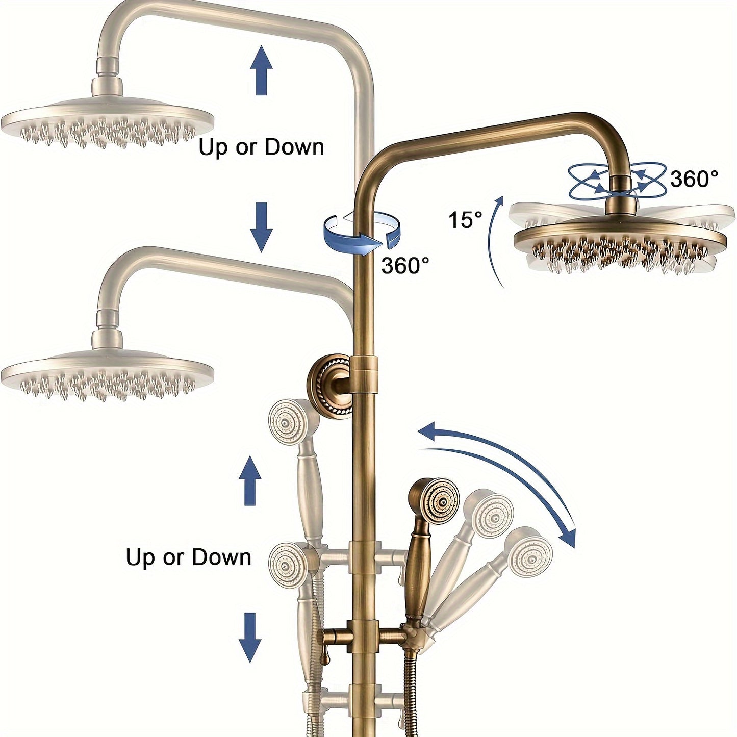 Antieke Badkamer Douche Set – Retro Douchekraan – Regenkraan – Douche Systeem – Wandmontage – 8 Inch Regen Douchekop – Verstelbare Hoogte 70-120 cm