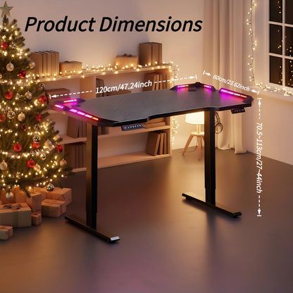 Elektrisch Verstelbaar Zit-Sta Bureau – Zit-Sta Tafel – Bureau Verstelbaar – Gaming Bureau – Thuiswerk Bureau – Carbon Fiber Tafelblad – RGB LED Verlichting – XXL Antislip Muismat – Hoofdtelefoonhaak – Verstelbaar 71-113 cm