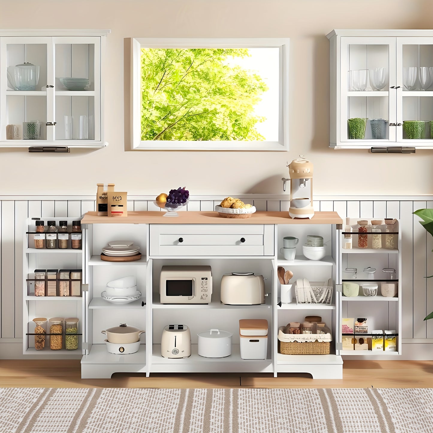 Modern White Metal Cabinet with Anti-Tip System - Multifunctional Storage Sideboard Suitable, & Bedroom - Adjustable Shelves & Drawers, Heavy-Duty 138cm Freestanding Furniture