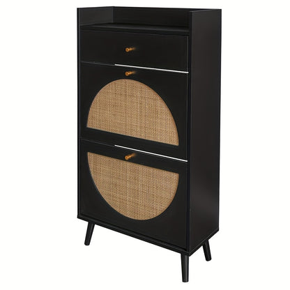 Schoenenkast – Schoenenrek – Schoenenopberger – Halkast – Schoenenbankje – Zwart Rattan Look – 2 Deuren Met Lade – 60 cm Breed – Zonder Achterpaneel