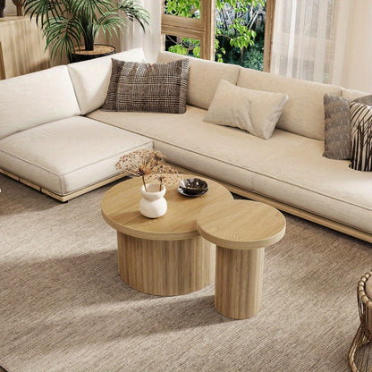 Dubbele Ronde Salontafels – Salontafel Set – Bijzettafel – Side Table – Woonkamertafel – Ruimtebesparend Ontwerp – Houtlook Metalen Frame