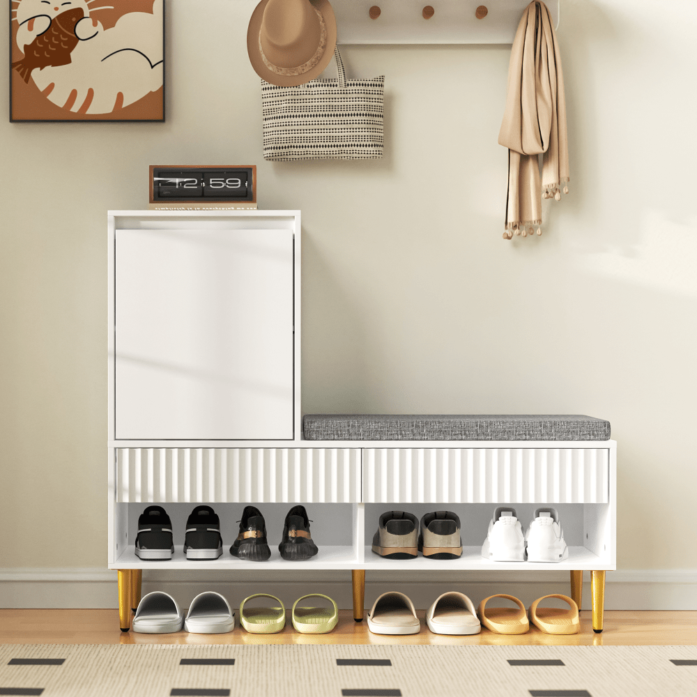 Schoenenkast – Schoenrek – Schoenenopberger – Halmeubel – Zitbank – Modern Wit – 1 Deur en 2 Lades – Compact en Ruimtebesparend 100x35x90 cm