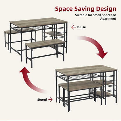 Eettafelset – Eetkamerset – Keukentafelset – Zitgroep – Tafel met Stoelen – Ruimtebesparend Design – Ingebouwd Wijnrek & Opbergrekken – Compact Rechthoekig – Stevig Hardhout – Inclusief 2 Banken
