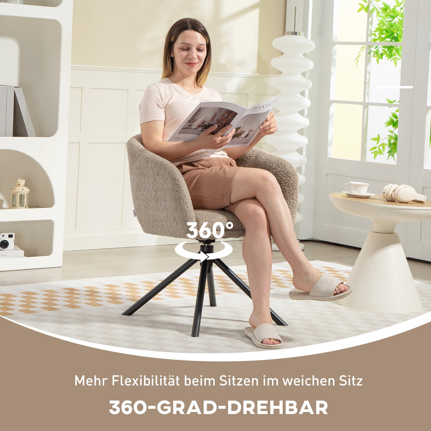 Draaifauteuil – Fauteuil – Loungestoel – Relaxstoel – Zithoekstoel – Lichtbruin – Zachte Bekleding – Draaibaar Tot 120 Kg