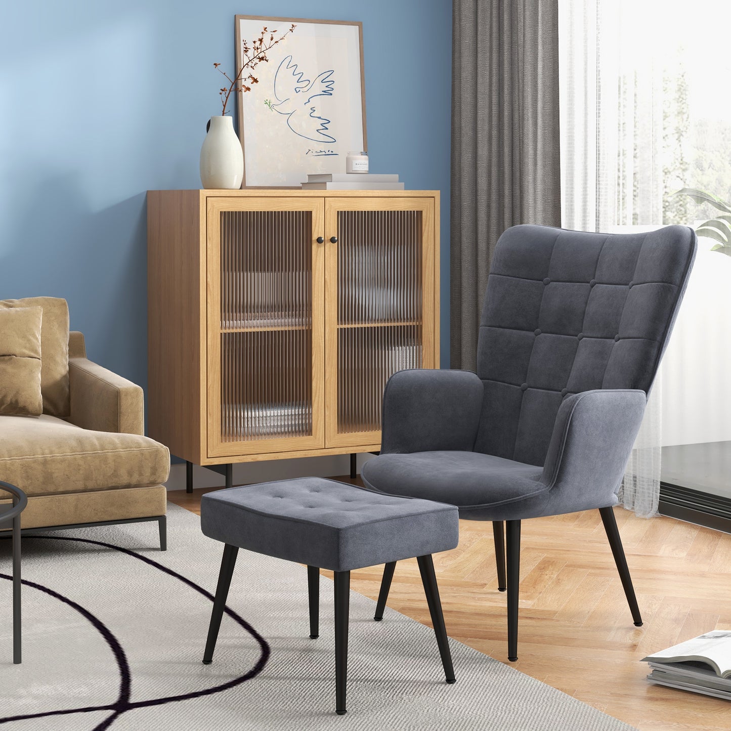 Fauteuil Met Ottoman – Relaxstoel – Zetel – Lounge Stoel – Leunstoel – Donkergrijs – Button-Tufted Bekleding – Draagkracht 120 Kg