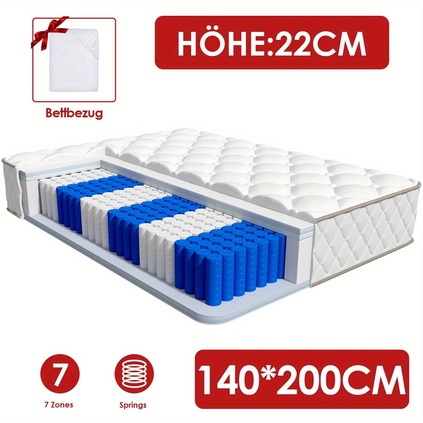 Carroltt Mattress 90x200/140x200cm, Pocket Spring Mattress 7-zone, Height 22cm/25cm, (breathable), Spring Mattress with Fitted Sheet, Mattress for Adults