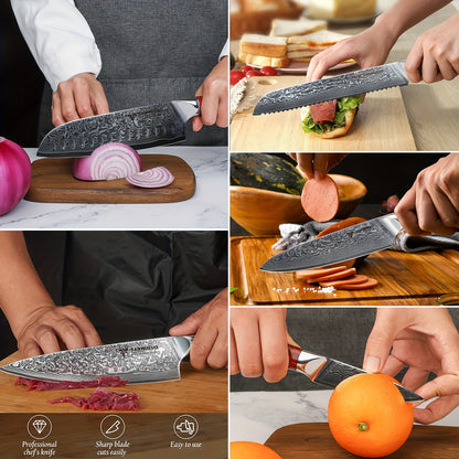 Damessmessenset – Keukenmessenset – Koksmes Set – Japanse Messen – Vleesmessen – 5-delig – VG-10 Damaststaal – Resin Handvat – Ultiem Scherp – Rood