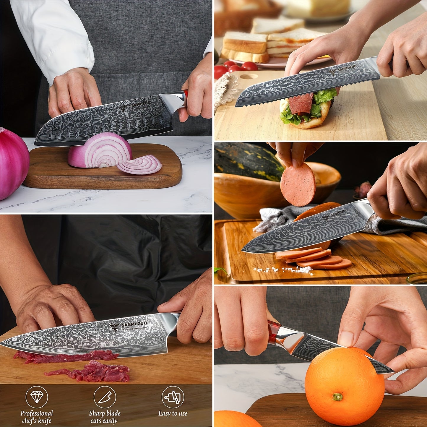 Koksmes Set – Keukenmessen – Snijmessen – Serveerdoeken – Vleesmessen – Blauw – Japans VG-10 Damaststaal – Ergonomische Resin Handgrepen