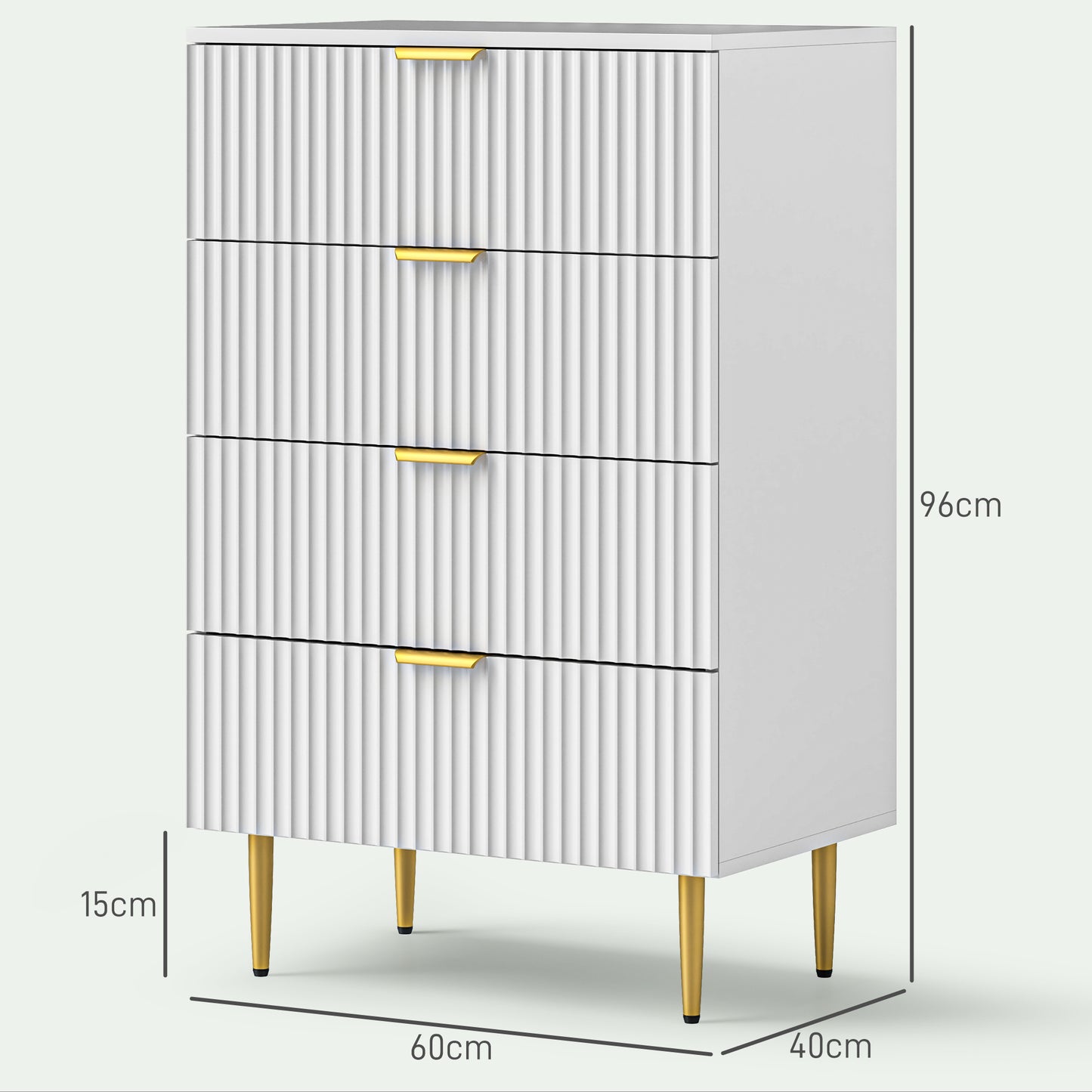Ladekast – Ladenkast – Commode – Opbergkast – Dressoir – Modern Design – 4 Ruime Lades – MDF Wit Met Gouden Details – 60x40x96 cm