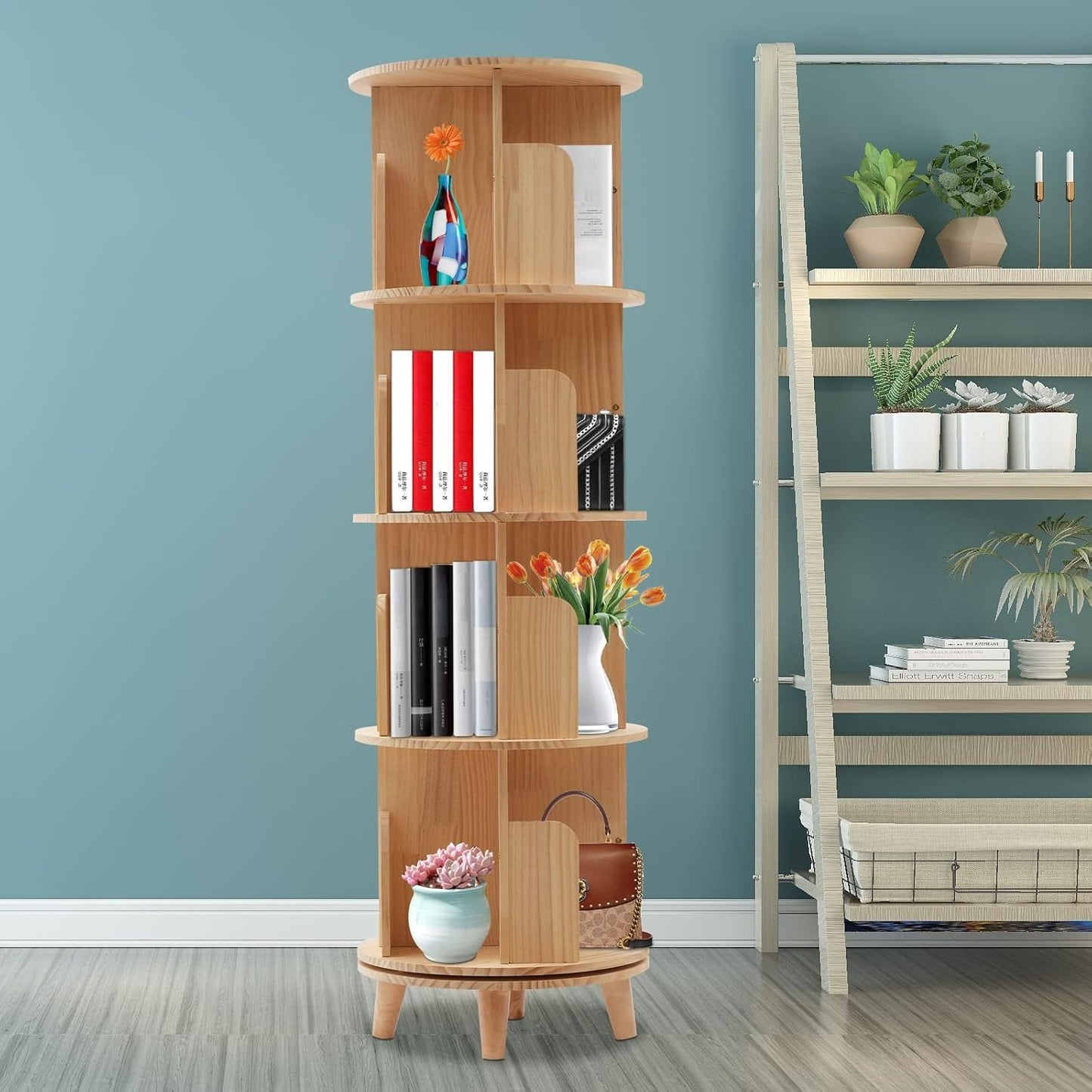 Draaibare Boekenkast – Boekenrek – Opbergkast – Houten Kast – Staande Boekenkast – 4 Niveaus Met 16 Vakken – 360° Draaibaar En Stevig Houten Ontwerp