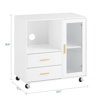 Kantoorkast – Opbergkast – Bureaukast – Mobiele Kast – Ladenkast – Met Wieltjes en Glasdeur – Compact 75x40x76 cm – MDF Stevig
