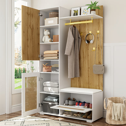 Kledingkast met Kaptafel – Garderobekast – Spiegelkast – Opbergkast – Schoenenkast – Wit – Bamboe Materiaal – 6 Gouden Kapstokken – Ruime Spiegel & Zithoek