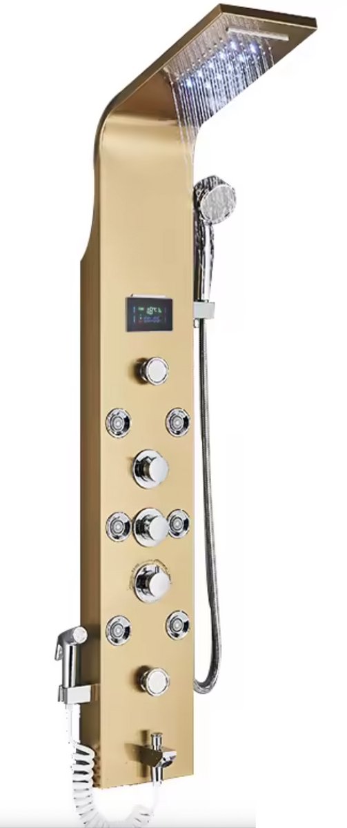 Shower faucet - Rain shower - Shower head - Shower panel - 6 in 1 - Rain shower - Waterfall shower - Faucet - Bidet - Massage jet - Hand shower - Water flow fed - Lighting and LED display - Gold