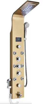Douchekraan - Regendouche - Douchekop - Douchepaneel - 6 in 1 - Regendouche - Waterval douche - Kraan - Bidet - Massage jet - Handdouche - Waterstroom gevoed - Verlichting en LED display - Goud