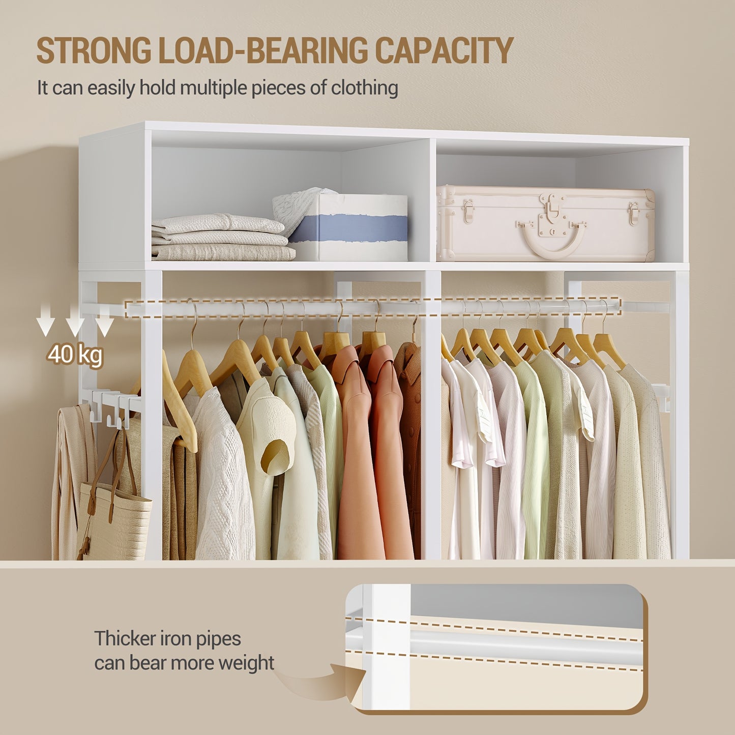 Kledingkast – Open Kledingkast – Garderobekast – Opbergkast – Kleerkast – MDF en Metaal – 4 Lades en 8 Haken – 185x100x43 cm – Wit