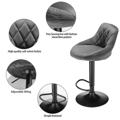 Velvet Bar Stools, Kitchen Bar Stools, Set of 6, Adjustable Height, 360-Degree Swivel, with Metal Footrest, Non-Slip Base