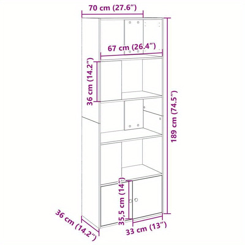 Bookshelf 70X36X189 Cm Made of Treated Wood in Smoked Oak Color. Vertical Shelves, Sturdy And Durable, Attractive, Ample Storage Space, Smooth Surface, Moisture-Resistant, Warp-Resistant, And Split-Resistant, Suitable for Off