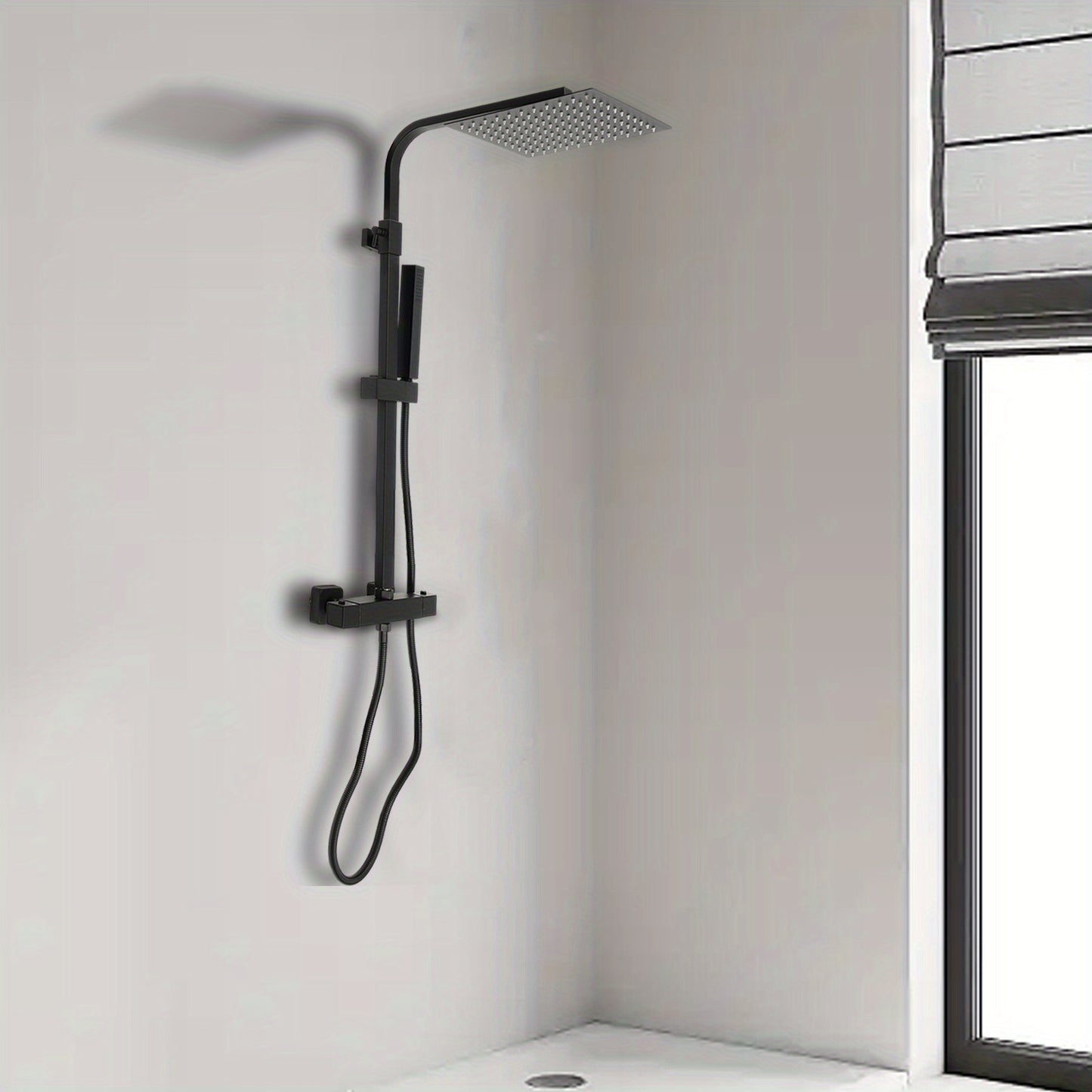 Douchekop – Regendouche – Handdouche – Thermostaatkraan – Badkamerkraan – Mat Zwart – Thermostatische Temperatuurregeling – 25x25 cm Regendouchekop