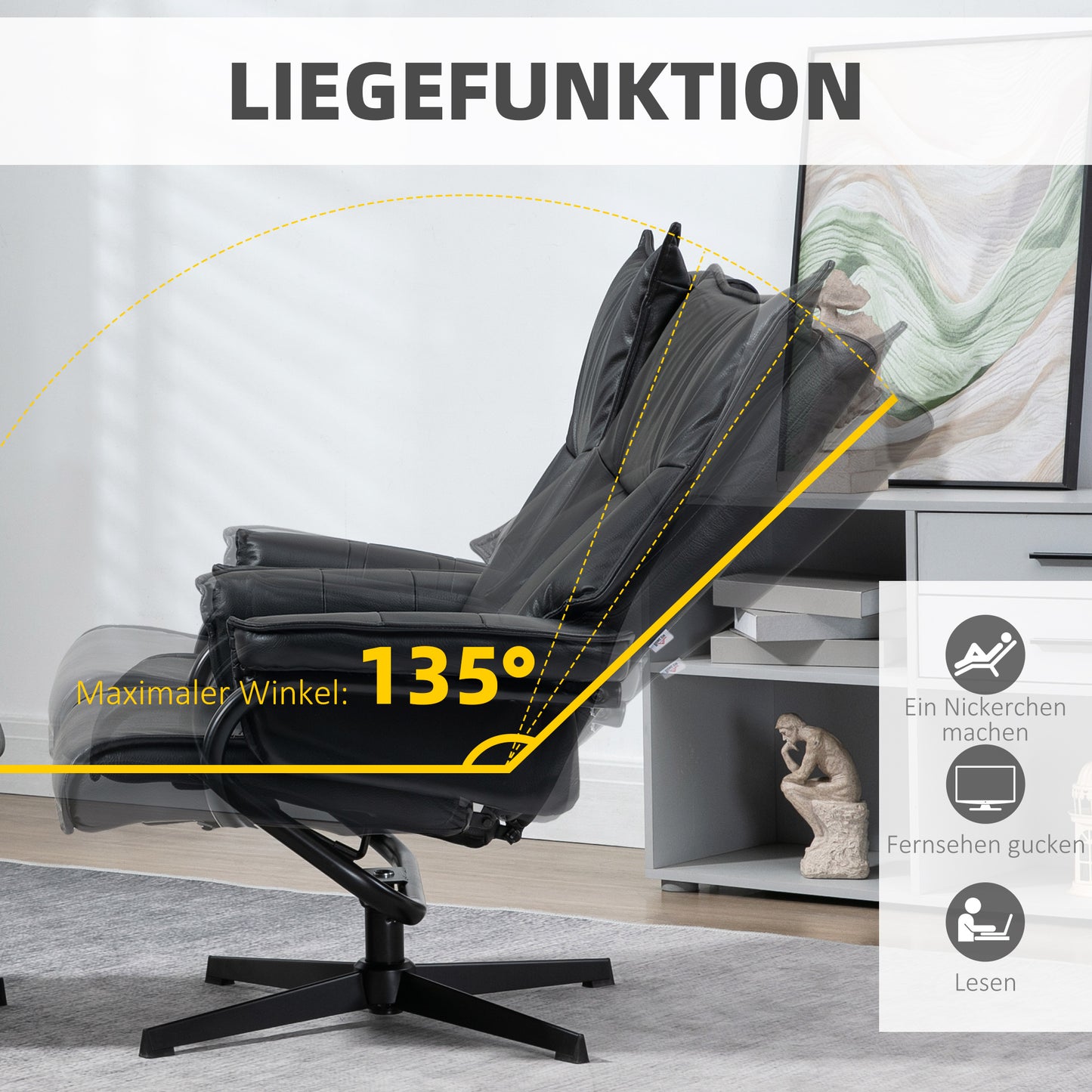 Relaxfauteuil – Relaxstoel – Zitstoel – Loungefauteuil – Draaifauteuil – Verstelbare Rugleuning 135° – Zwart Kunstleer Met Voetbank