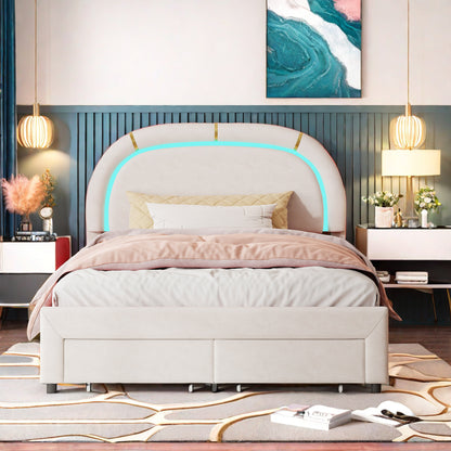 Bed – Bedframe – Led-bed – Stijlvol Tweepersoonsbed – Opberglades Bed – Velvet Hoofdbord – Usb Oplaadpoort – 140x200 cm Off-white