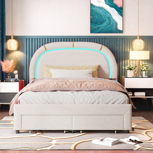 Bed – Bedframe – Led-bed – Stijlvol Tweepersoonsbed – Opberglades Bed – Velvet Hoofdbord – Usb Oplaadpoort – 140x200 cm Off-white